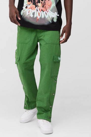 Straight Ripstop Popper Hem Branded Cargo Trousers green