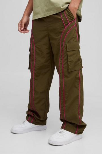 Khaki Elasticated Waist Relaxed Nylon Pipped Cargo Trousers