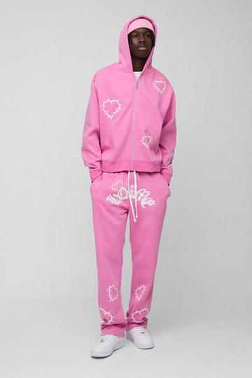 Oversized Boxy Zip Through Heart Print Zip Through Tracksuit pink