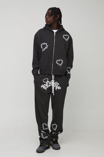 Oversized Boxy Zip Through Heart Print Zip Through Tracksuit black