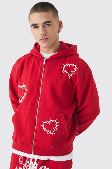 Red Oversized Boxy Zip Through Heart Print Zip Through Hoodie