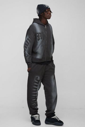 Black Oversize Boxy Homme Applique Spray Wash Zip Through Tracksuit