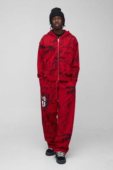 Oversized Boxy All Over Graffiti Zip Through Tracksuit red