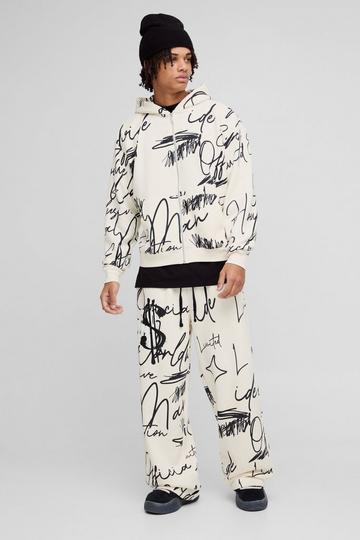 Oversized Boxy All Over Graffiti Zip Through Tracksuit grey