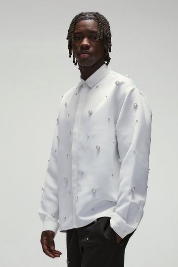 Heavy Satin Embellished Oversized Shirt white