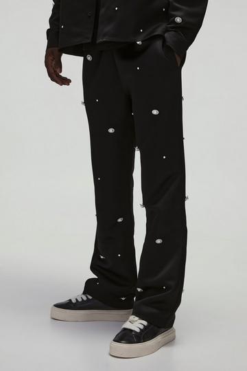 Heavy Satin Embellished Elasticated Waist Flared Trousers black