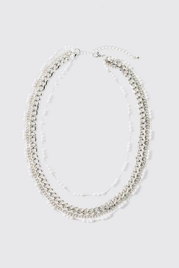 Silver Tripple Layer Pearl Chunky Chain