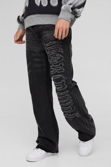 Black Relaxed Rigid Flared Applique Denim Jeans