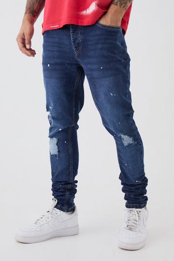 Blue Skinny Stretch Stacked Distressed Paint Splatter Denim Jeans