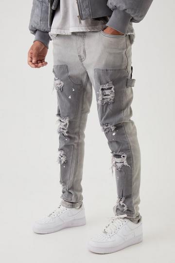 Grey Skinny Stretch Stacked Carpenter Rip & Repair Denim Jeans