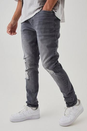 Grey Skinny Stretch Stacked Distressed Paint Splatter Denim Jeans