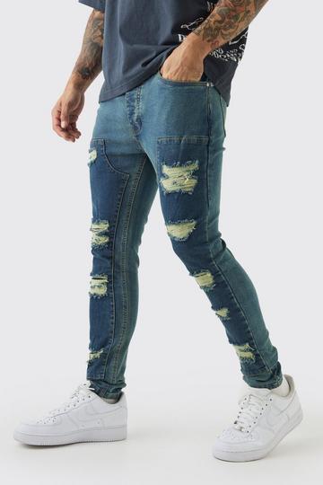 Super Skinny Stretch Carpenter Rip & Repair Denim Jeans petrol