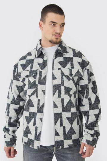 Tall Aztec Print Zip Through Overshirt grey