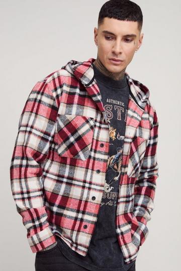 Red Tall Brushed Hooded Checked Overshirt