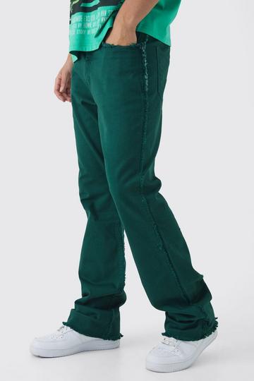 Slim Rigid Flare Stacked Frayed Edge Denim Jeans dark green