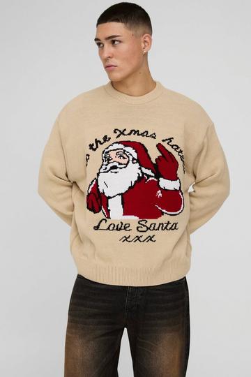 Oversized Boxy Love Santa Christmas Knitted Jumper stone