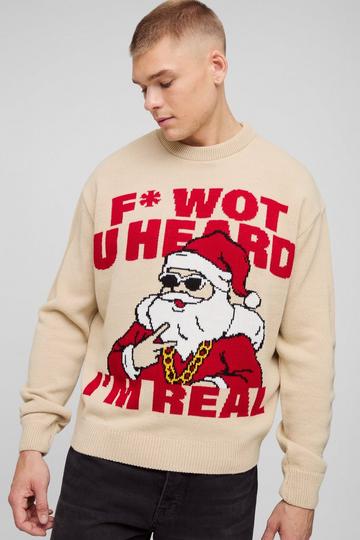 Oversized Boxy I'm Real Christmas Knitted Jumper stone