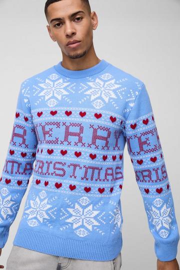 Regular Fit Merry Christmas Fairisle Knitted Jumper light blue