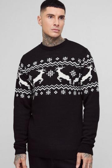 Tall Reindeer Fairisle Panel Christmas Jumper black