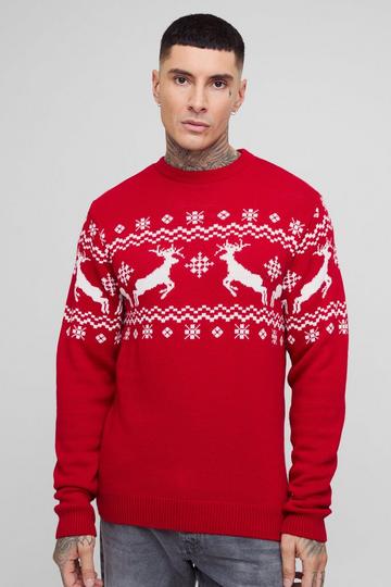 Tall Reindeer Fairisle Panel Christmas Jumper red