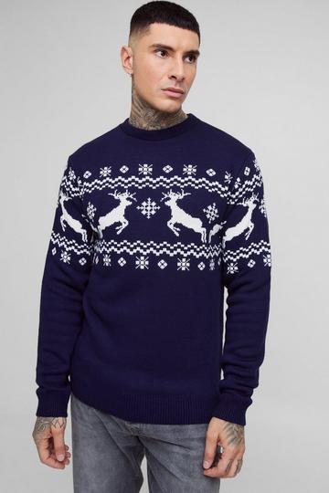 Tall Reindeer Fairisle Panel Christmas Jumper navy