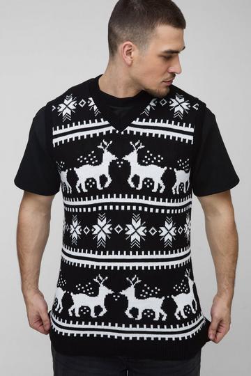 Tall Reindeer Fairisle Christmas V-neck Vest black