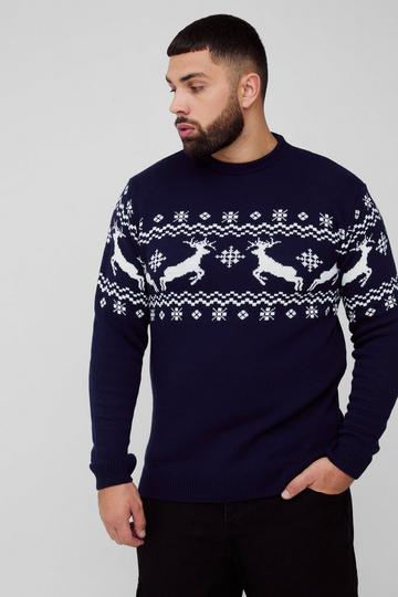 Plus Reindeer Fairisle Panel Christmas Jumper navy