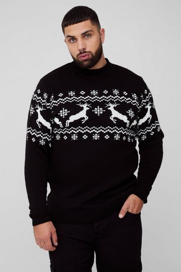 Plus Reindeer Fairisle Panel Christmas Jumper black