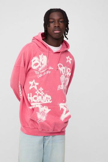 Red Oversized Washed Graffiti Printed Hoodie