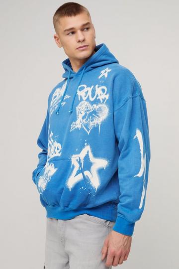 Washed Graffiti Graphic Hoodie cobalt