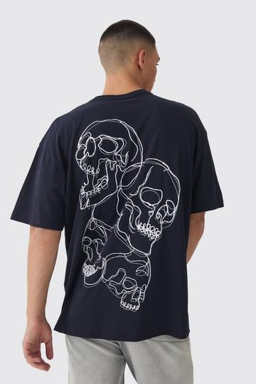 Navy Oversized Boxy Skull Line Drawing Back Print T-Shirt