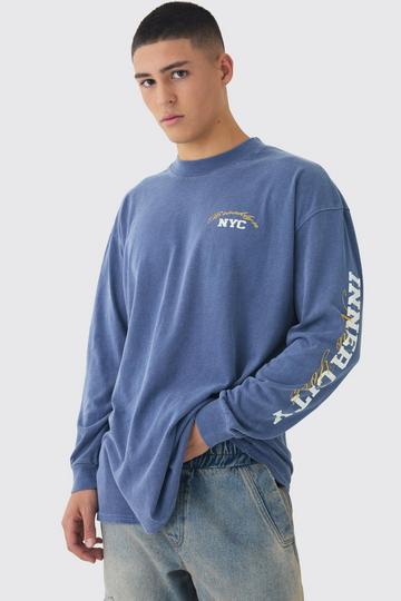 Navy Oversized Washed NYC Printed Long Sleeve T-Shirt