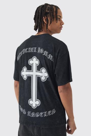 Oversized Boxy Acid Wash Cross Back Print T-Shirt charcoal