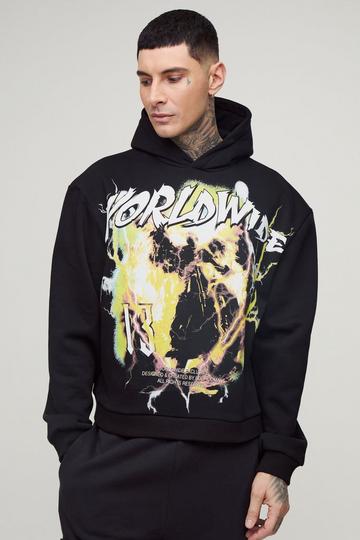 Tall Oversized Boxy Worldwide Large Scale Print Hoodie black