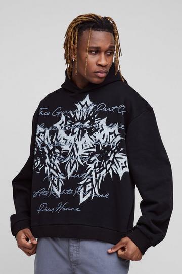 Tall Oversized Boxy Large Scale Cross Print Hoodie black