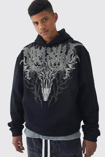 Tall Oversized Boxy Gothic Large Scale Print Hoodie black