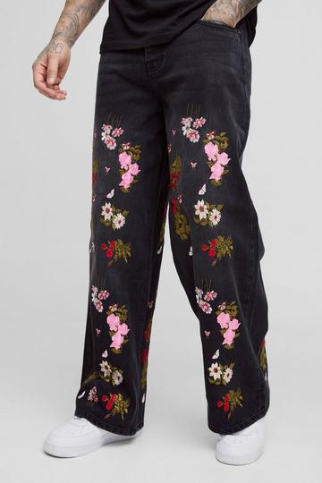 Tall Baggy Fit Floral Embroidered Jeans washed black