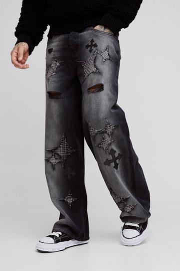 Black Tall Distressed Applique Baggy Fit Jeans