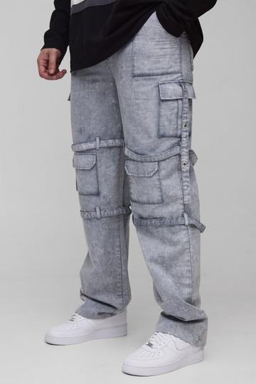 Tall Acid Wash Strappy Relaxed Fit Cargo Trousers grey