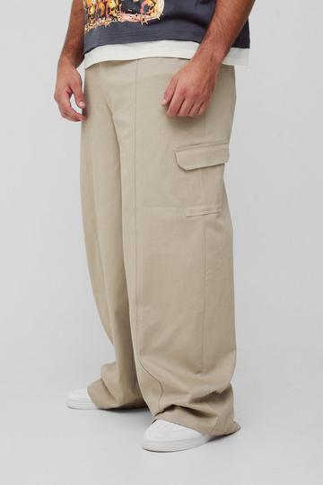 Stone Beige Plus Elasticated Waist Seam Detail Oversized Cargo Trousers