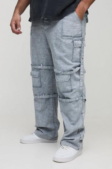 Plus Acid Wash Strappy Relaxed Fit Cargo Trousers grey