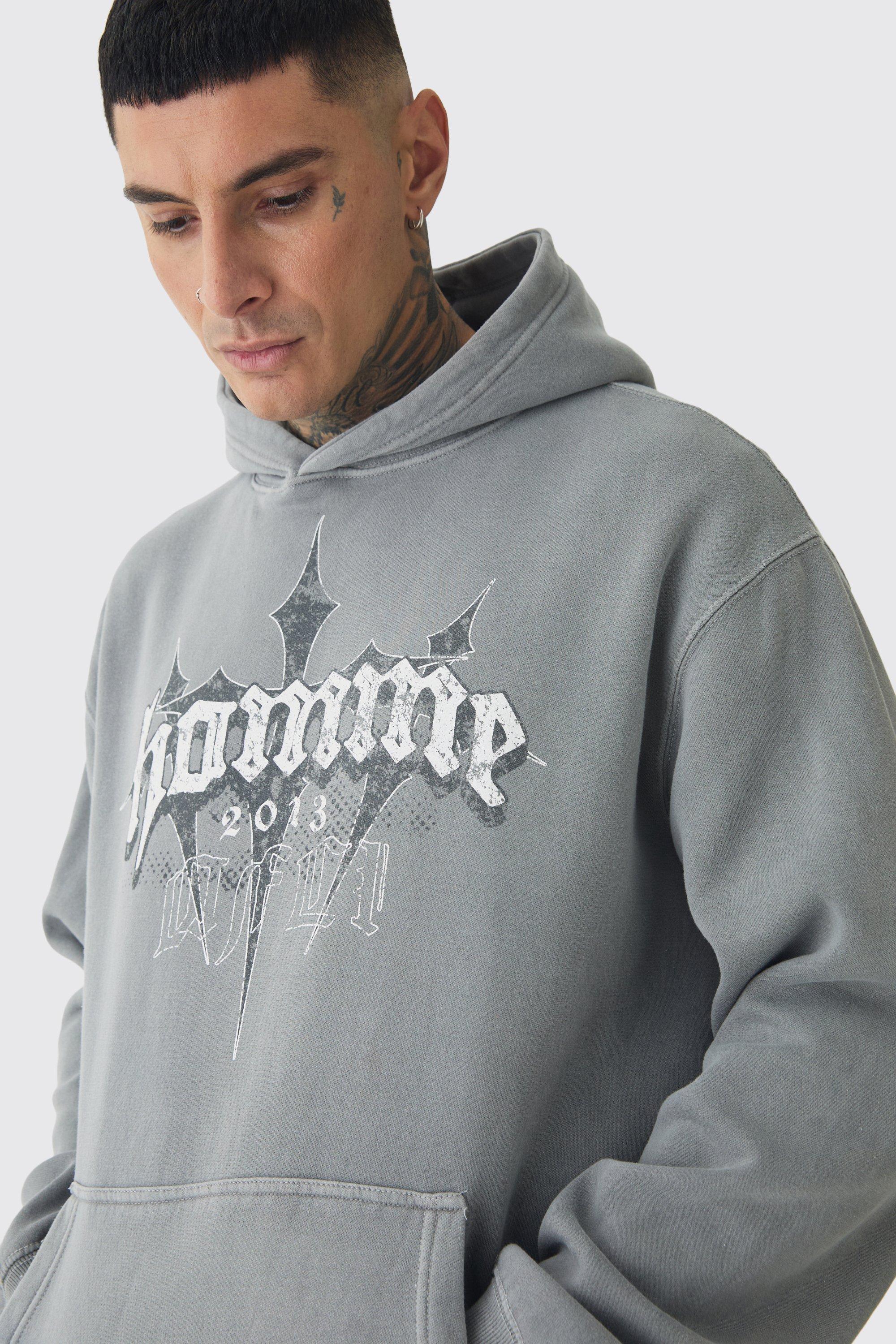 Mens Tall Oversized Washed Homme Cross Print Hoodie In Grey