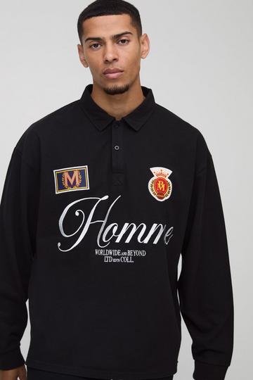 Black Oversized Heavyweight Pique Applique Rugby Polo