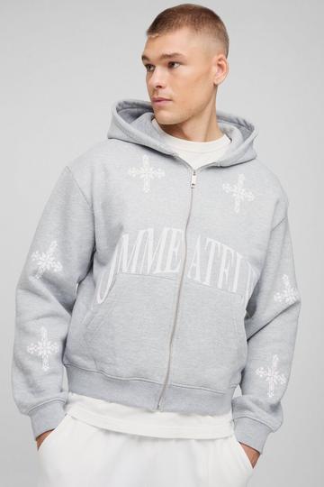 Oversized Boxy Zip Through Homme Print Cross Hoodie grey marl