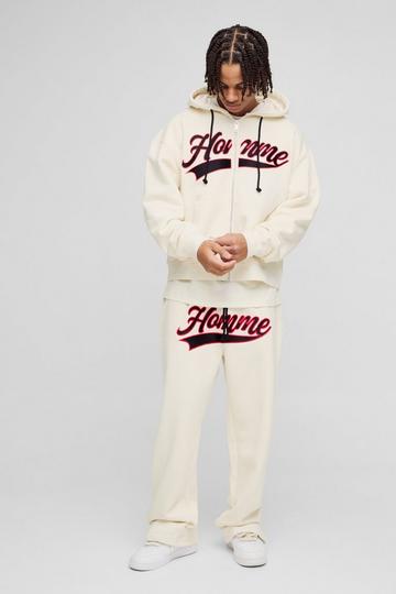 Oversized Boxy Homme Embroidered Varsity Zip Through Tracksuit ecru