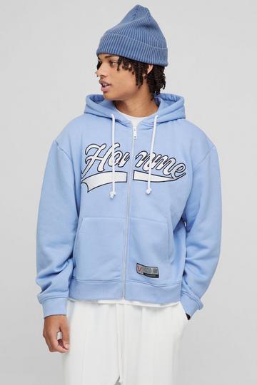 Oversized Boxy Homme Embroidered Varsity Zip Through Hoodie blue