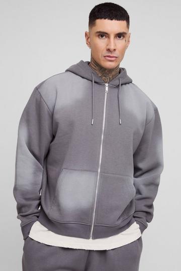 Tall Oversized Boxy Spray Wash Zip Through Hoodie grey