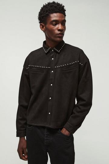 Oversized Western Faux Suede Embellished Overshirt black