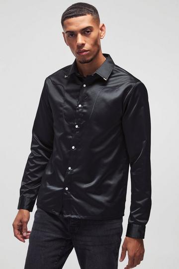 Black Regular Satin Western Long Sleeve Shirt