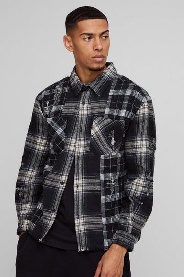 Oversized Flame Applique Check Shirt black